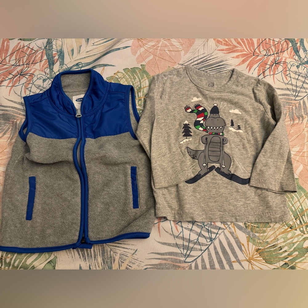 18-24 months Baby Gap T-Rex skiing print long sleeve shirt and Old Navy vest LOT